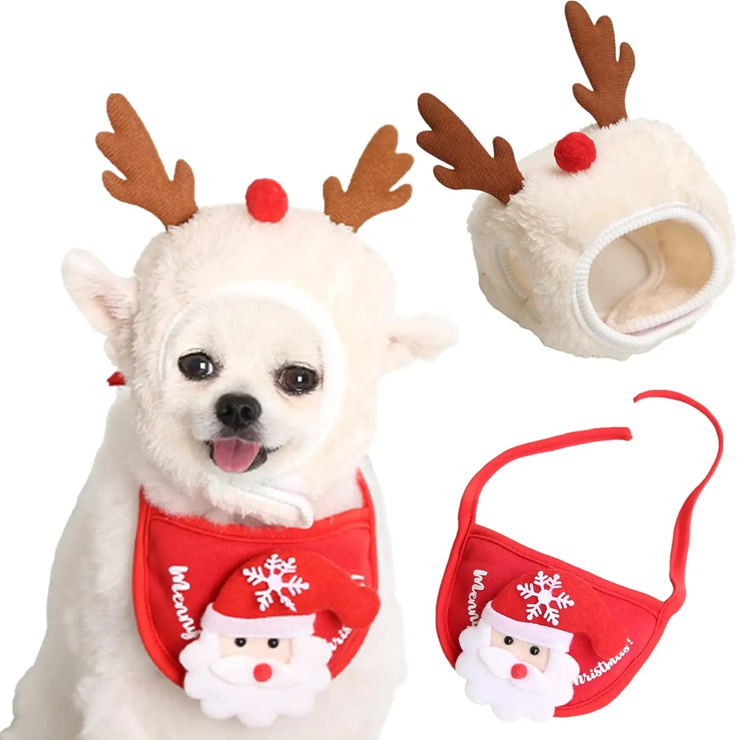 AUSIDAPET Christmas Reindeer Pet Outfit – Cozy Hat, Bib & Non-Slip Socks Set for Dogs & Cats