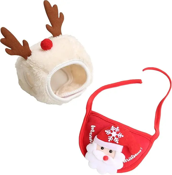 AUSIDAPET Christmas Reindeer Pet Outfit – Cozy Hat, Bib & Non-Slip Socks Set for Dogs & Cats
