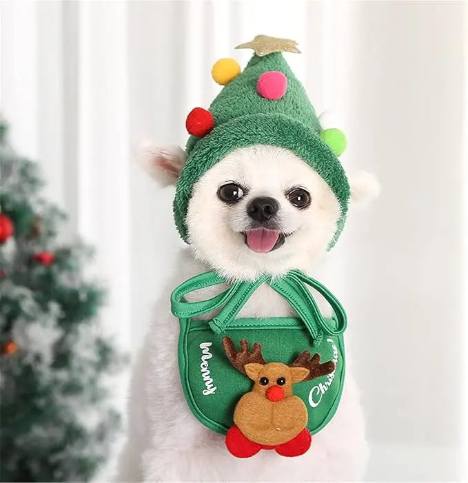 AUSIDAPET Christmas Reindeer Pet Outfit – Cozy Hat, Bib & Non-Slip Socks Set for Dogs & Cats