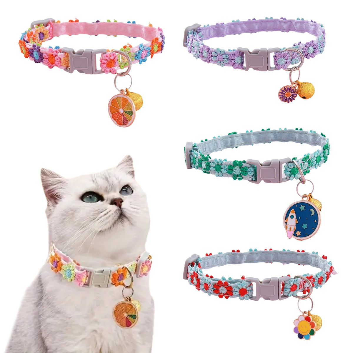AUSIDAPET Floral Lace Cat Collar with Bells - Soft Satin & Metal Charms, 20-30cm Adjustable for Daily/Special Occasions