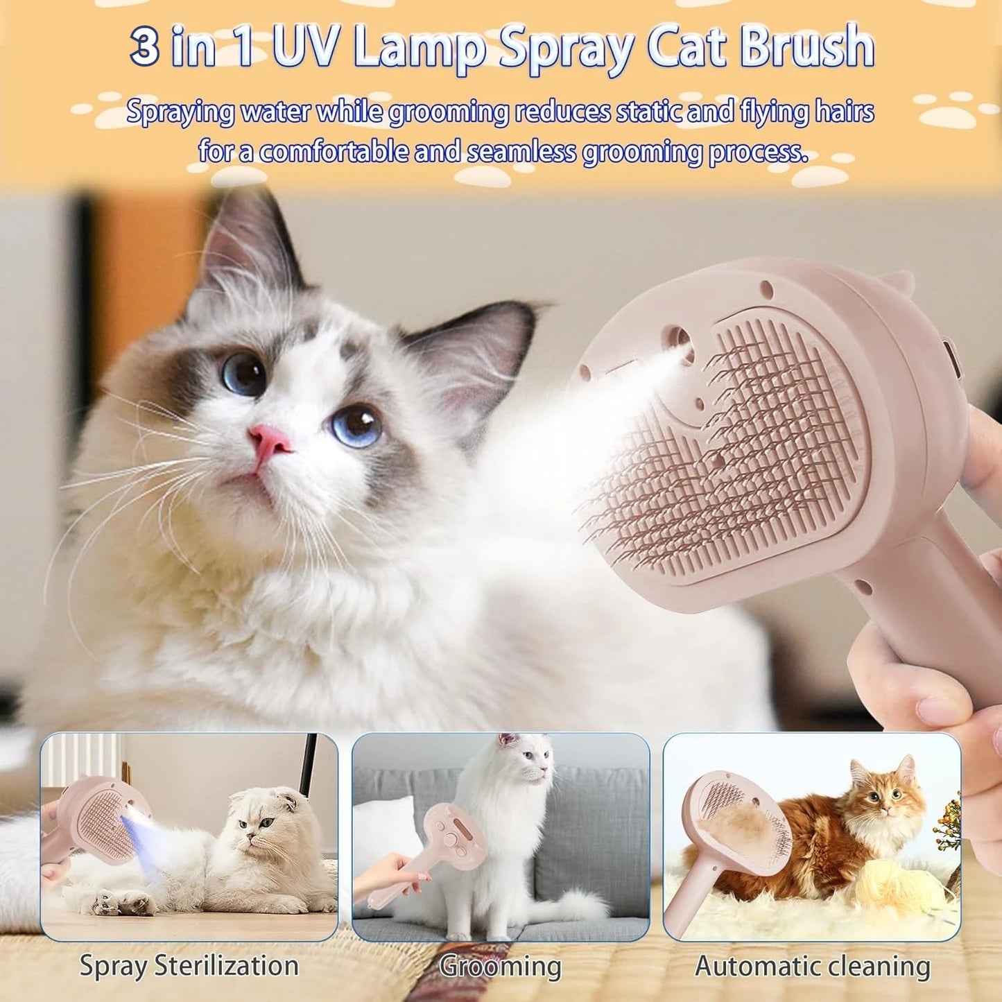 AUSIDAPET Steam Cat Brush, Pet Hair Cleaning Misting CombCat Brushes for Indoor Cats, Cat Hair Brush Cat Grooming Deshedding Brush