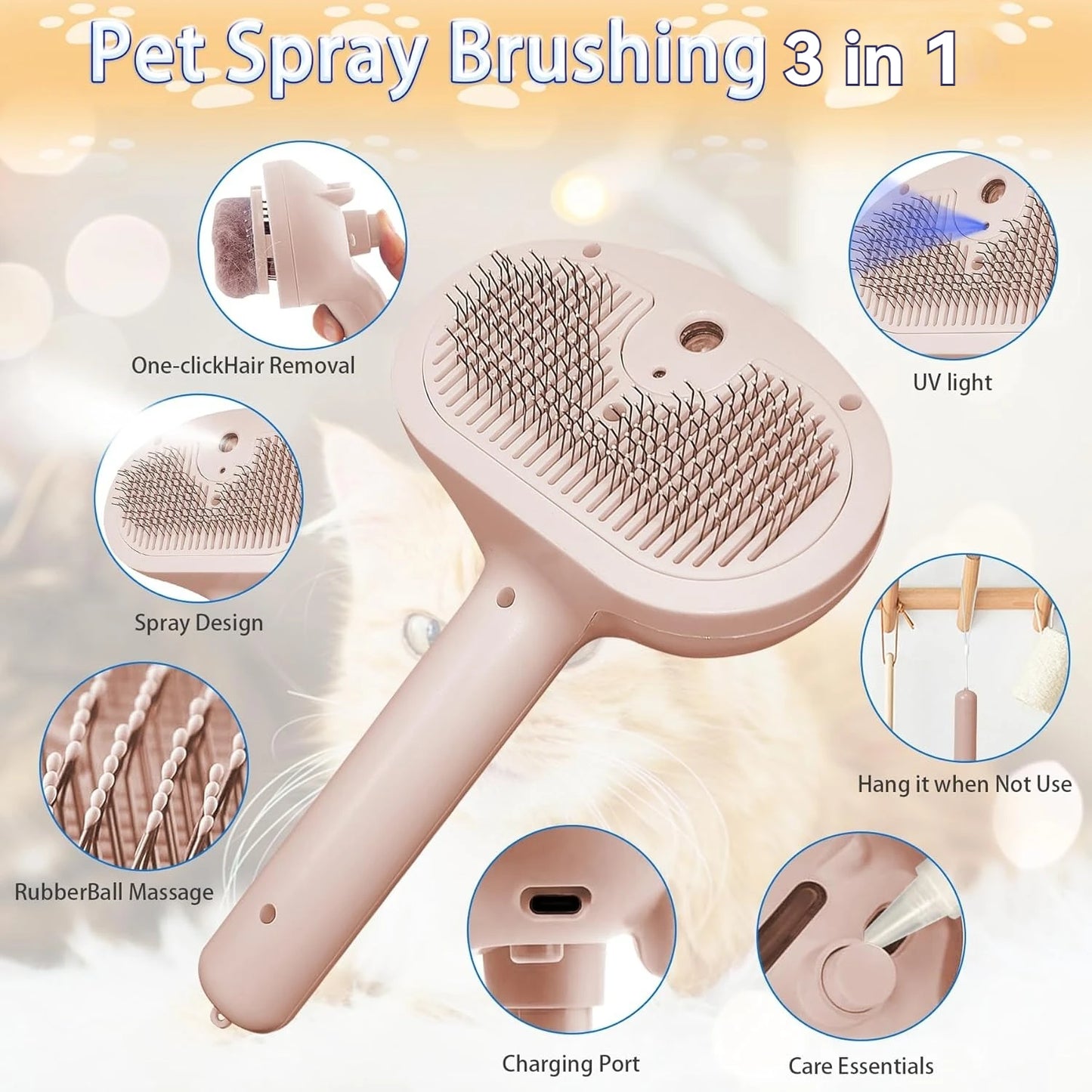 AUSIDAPET Steam Cat Brush, Pet Hair Cleaning Misting CombCat Brushes for Indoor Cats, Cat Hair Brush Cat Grooming Deshedding Brush