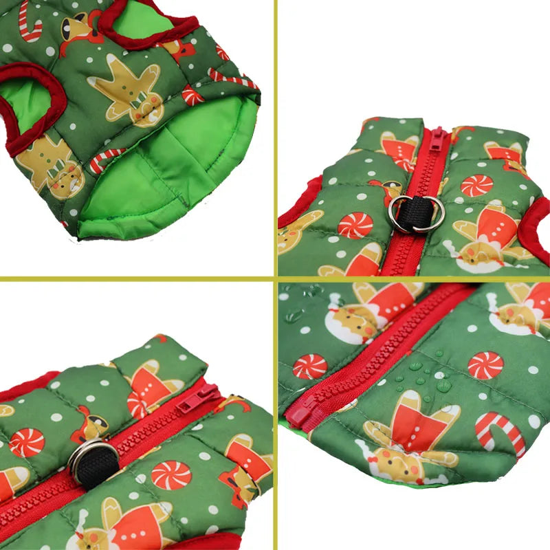 AusidaPet Christmas Dog Coat - Green Holiday Pet Jacket with Gingerbread and Candy Cane Pattern