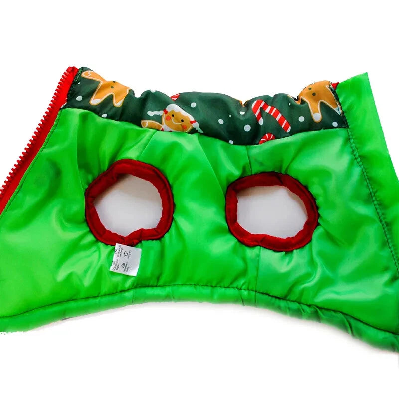 AusidaPet Christmas Dog Coat - Green Holiday Pet Jacket with Gingerbread and Candy Cane Pattern