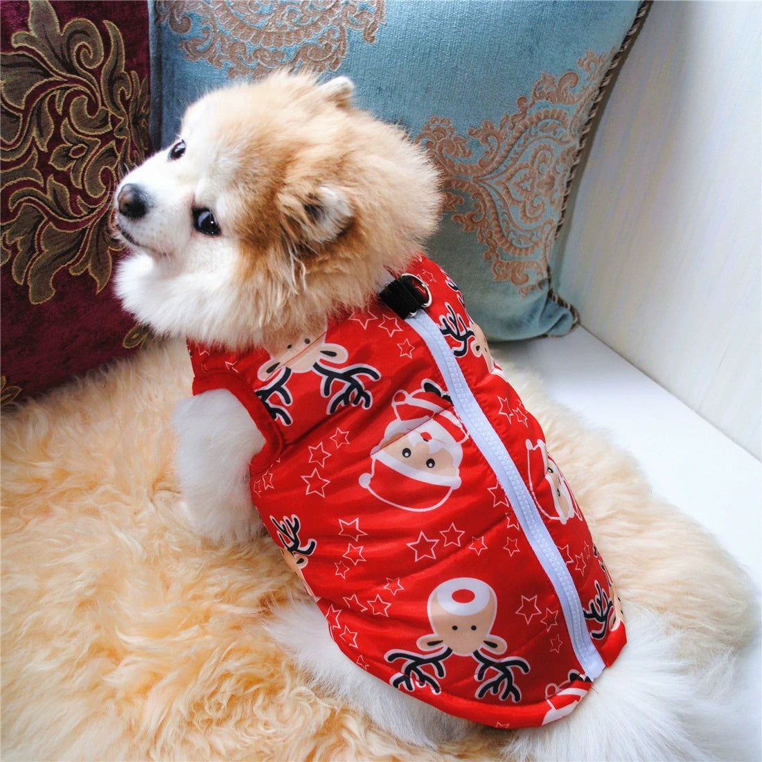 AusidaPet Christmas Dog Coat - Red Holiday Pet Winter Jacket with Santa and Reindeer Pattern