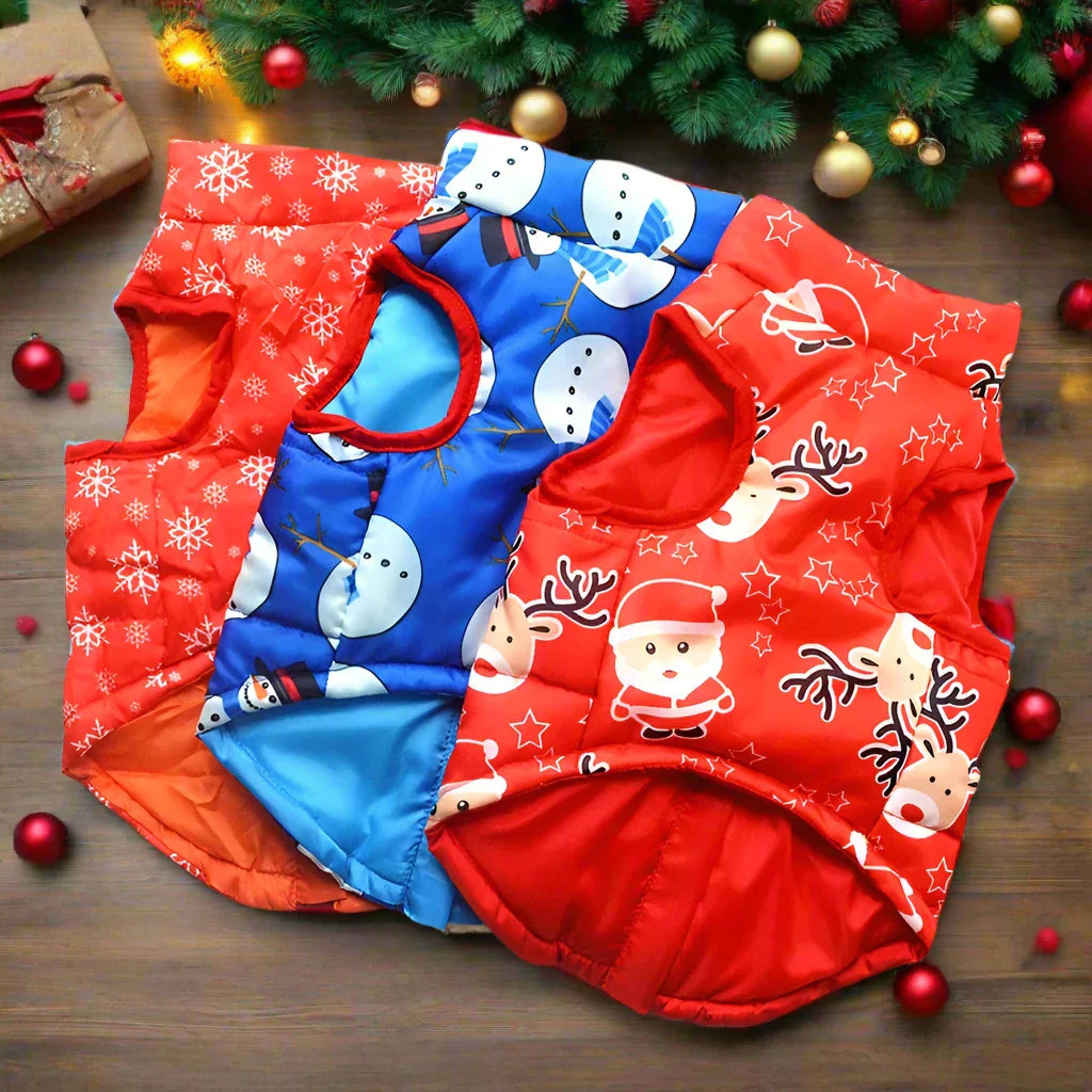 AusidaPet Christmas Dog Coat - Red Holiday Pet Winter Jacket with Santa and Reindeer Pattern