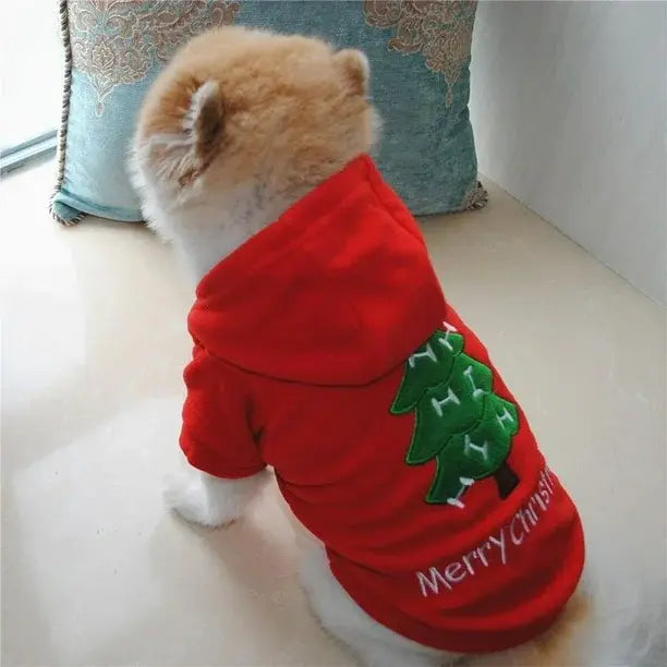 AusidaPet Christmas Dog Hoodie - Red Holiday Pet Sweatshirt with Christmas Tree Design