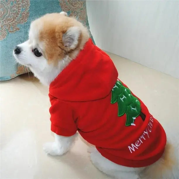AusidaPet Christmas Dog Hoodie - Red Holiday Pet Sweatshirt with Christmas Tree Design