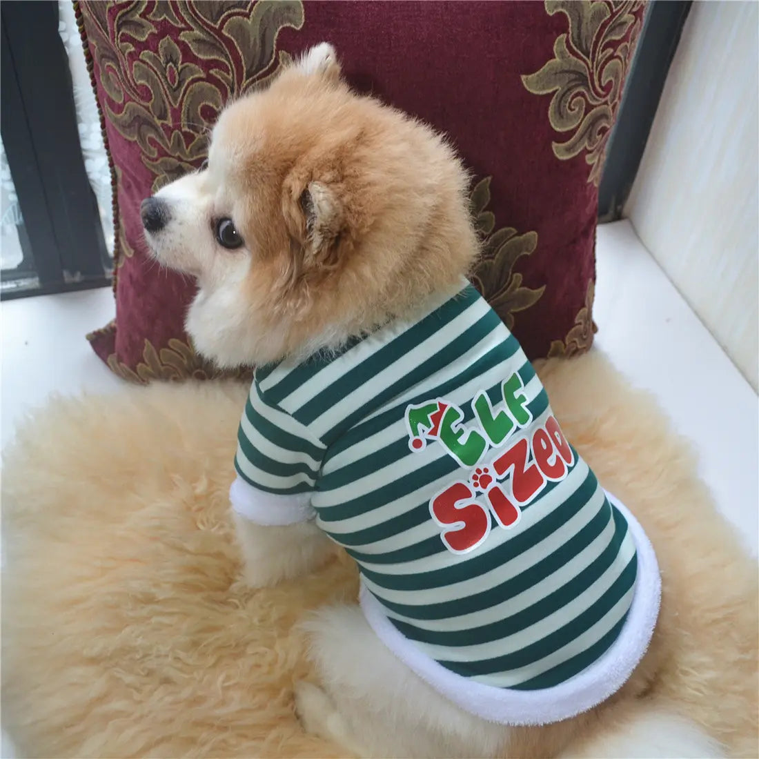 AusidaPet Elf Sized Christmas Dog Sweatshirt - Green White Striped Holiday Pet Hoodie with Long Sleeves
