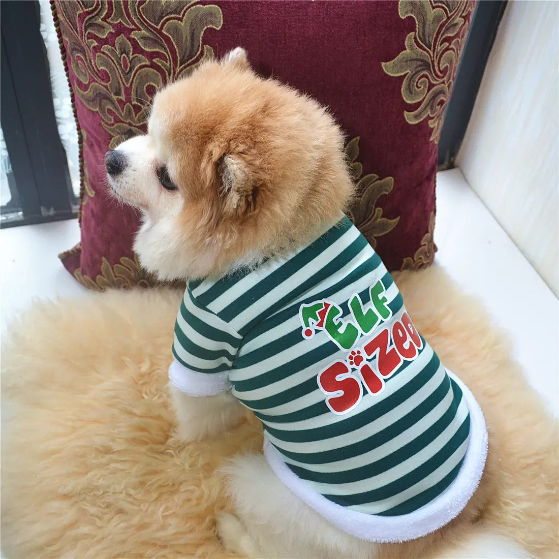 AusidaPet Elf Sized Christmas Dog Sweatshirt - Green White Striped Holiday Pet Hoodie with Long Sleeves