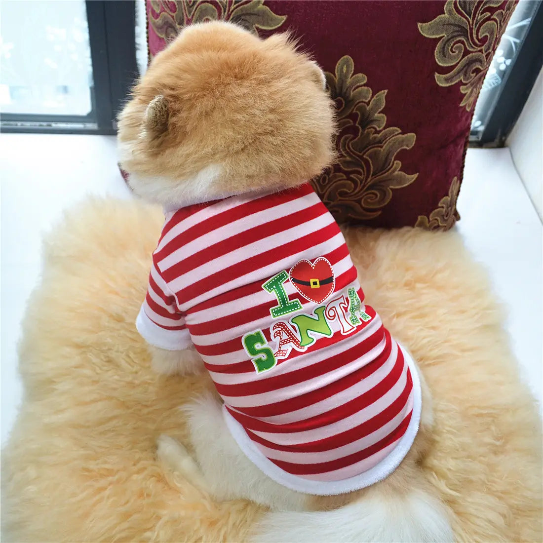 AusidaPet I Love Santa Christmas Dog Sweatshirt - Red White Striped Holiday Pet Hoodie with Long Sleeves