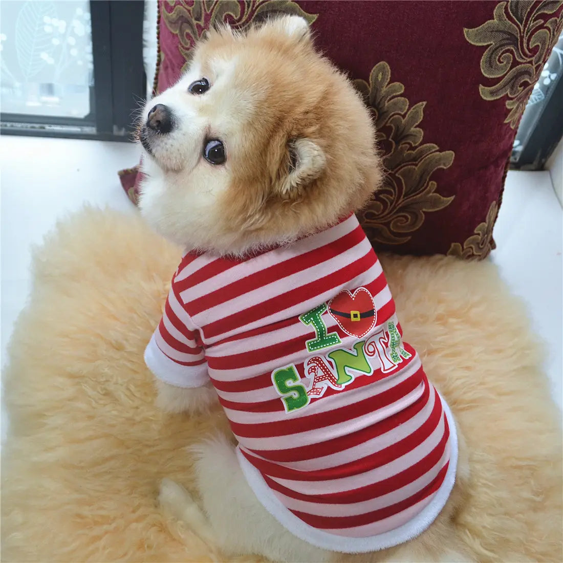 AusidaPet I Love Santa Christmas Dog Sweatshirt - Red White Striped Holiday Pet Hoodie with Long Sleeves