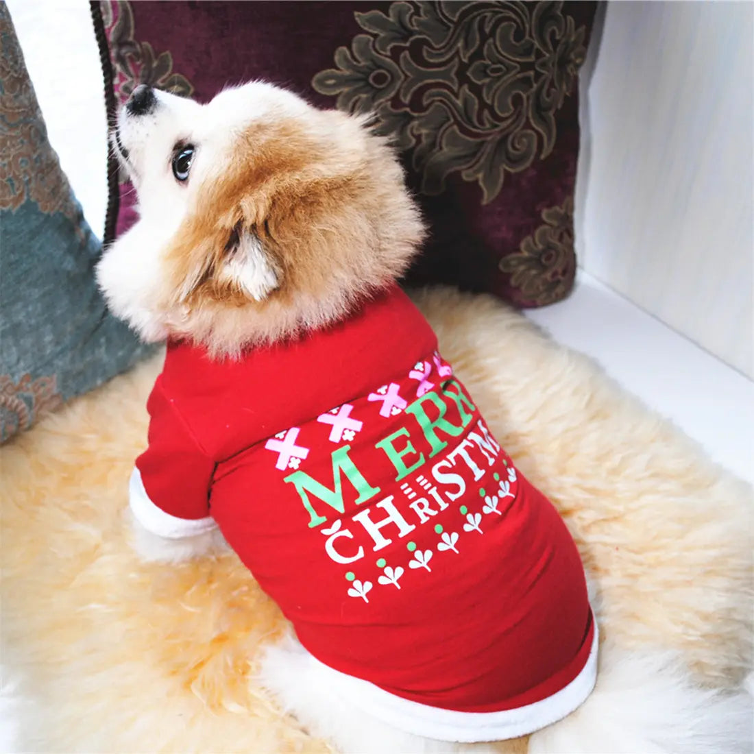 AusidaPet Merry Christmas Dog Sweatshirt - Red Holiday Pet Hoodie with Snowflake Design and White Trim