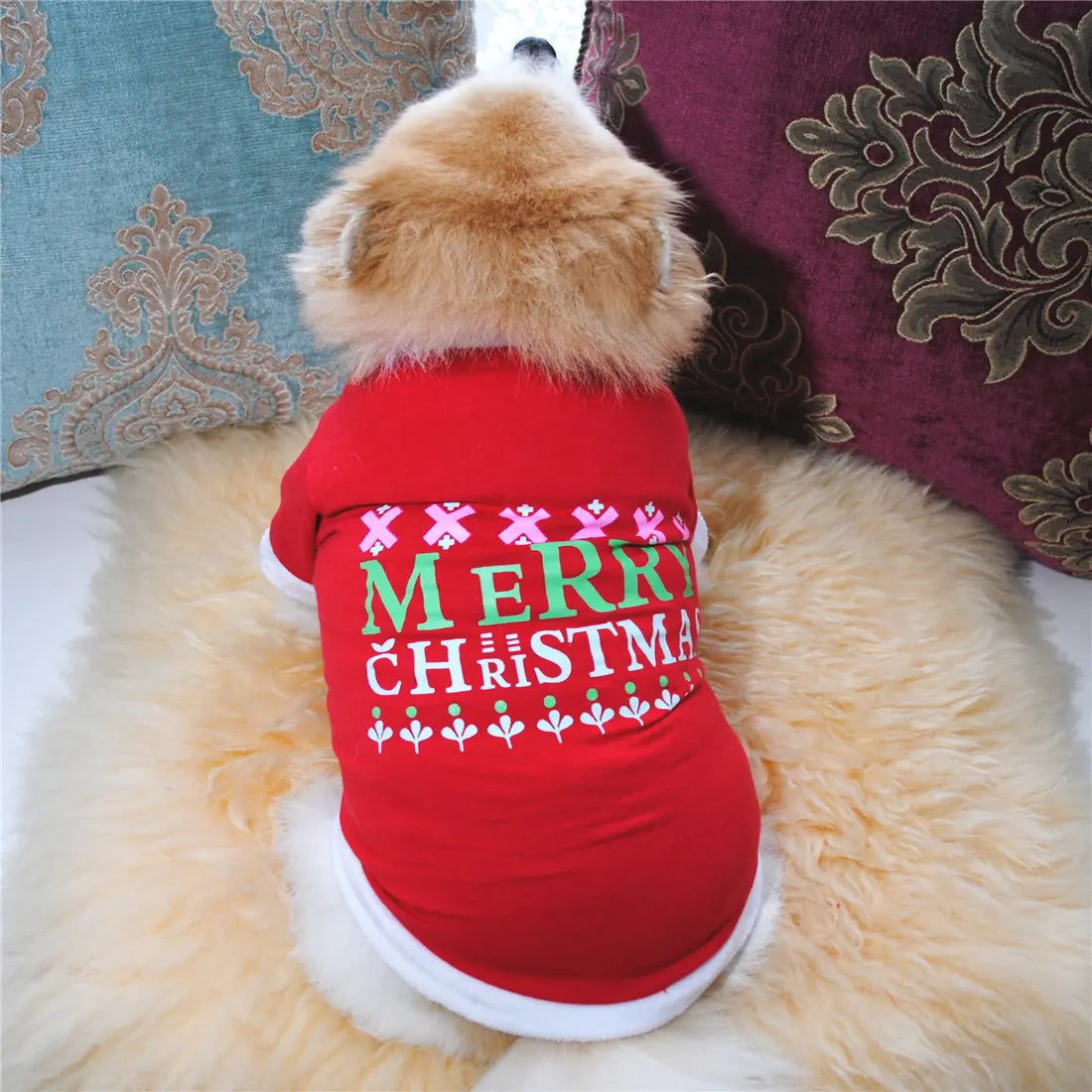 AusidaPet Merry Christmas Dog Sweatshirt - Red Holiday Pet Hoodie with Snowflake Design and White Trim