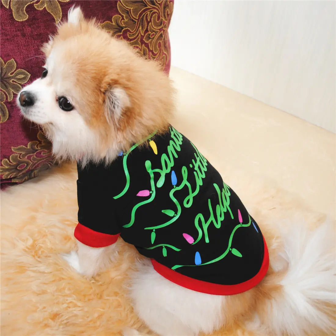 AusidaPet Santa's Little Helper Christmas Dog T-Shirt - Festive Holiday Pet Costume with Colorful Lights