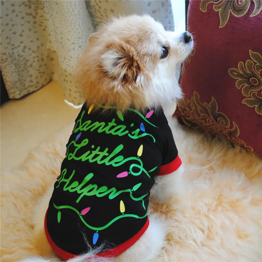 AusidaPet Santa's Little Helper Christmas Dog T-Shirt - Festive Holiday Pet Costume with Colorful Lights