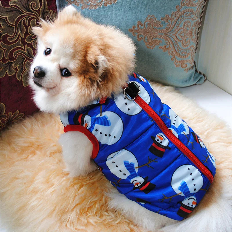 AusidaPet Winter Dog Coat - Blue Snowman Pet Jacket with Back Zipper and Harness Ring