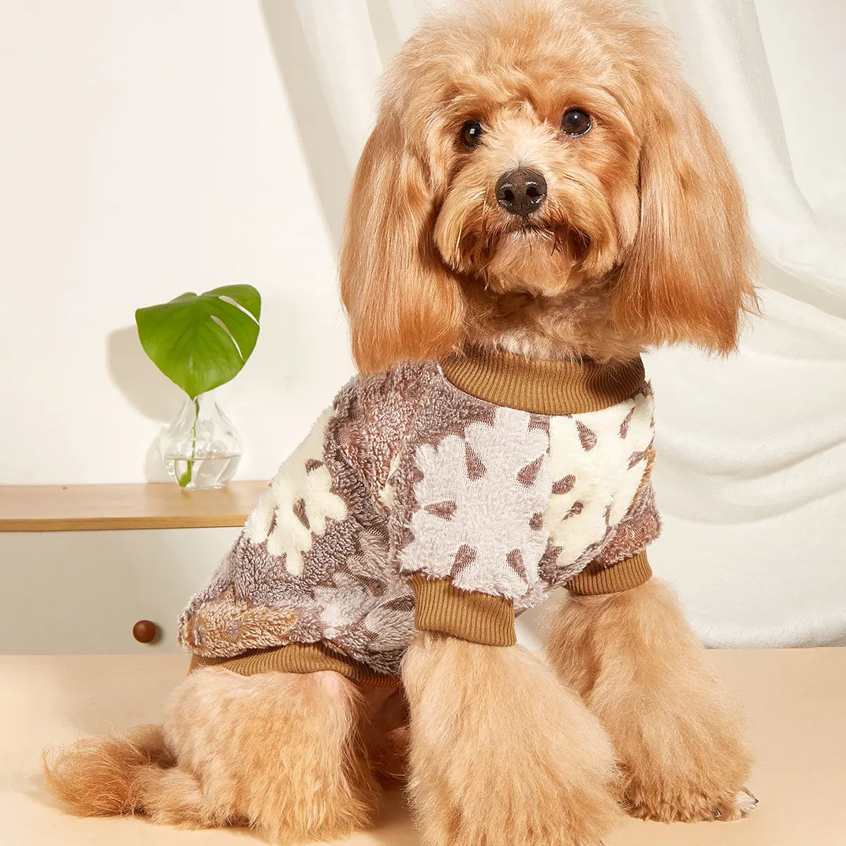 Christmas Dog Hoodie with Snowflake Pattern - Fluffy Fleece Holiday Pet Sweater in Neutral Colors for Small Dogs and Cats