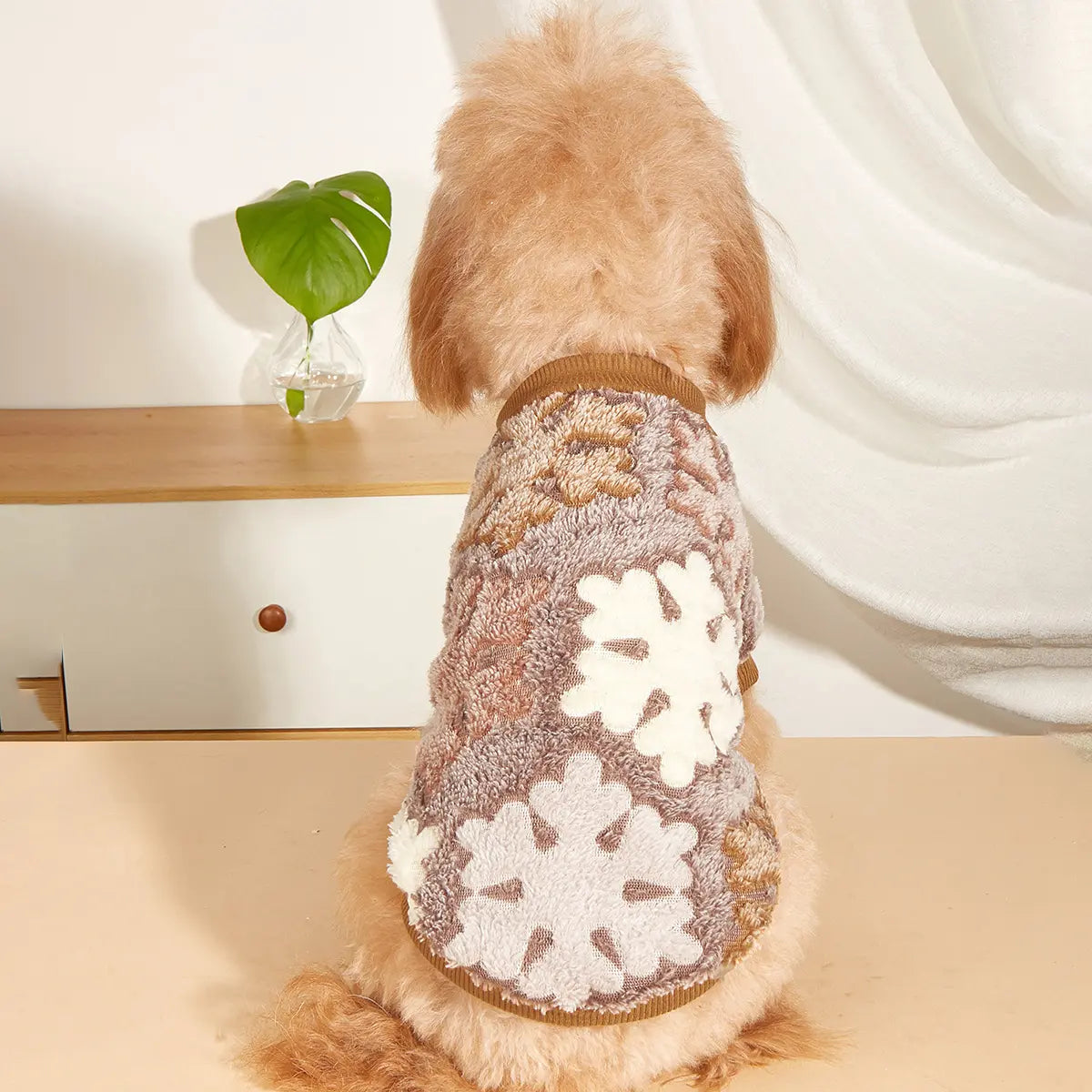 Christmas Dog Hoodie with Snowflake Pattern - Fluffy Fleece Holiday Pet Sweater in Neutral Colors for Small Dogs and Cats