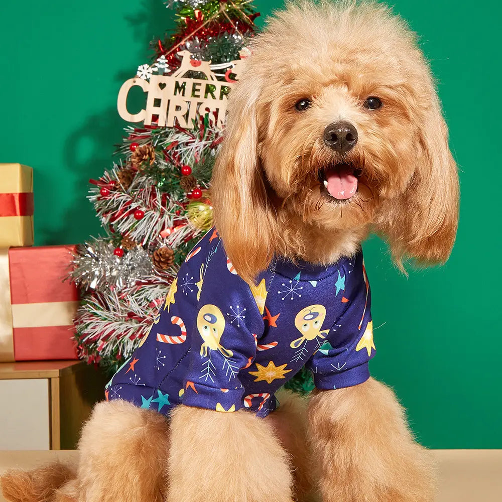 Christmas Dog Shirt - Navy Blue Holiday Pattern Cotton Pet T-Shirt with Candy Cane Tree Star Design for Small Medium Large Dogs & Cats