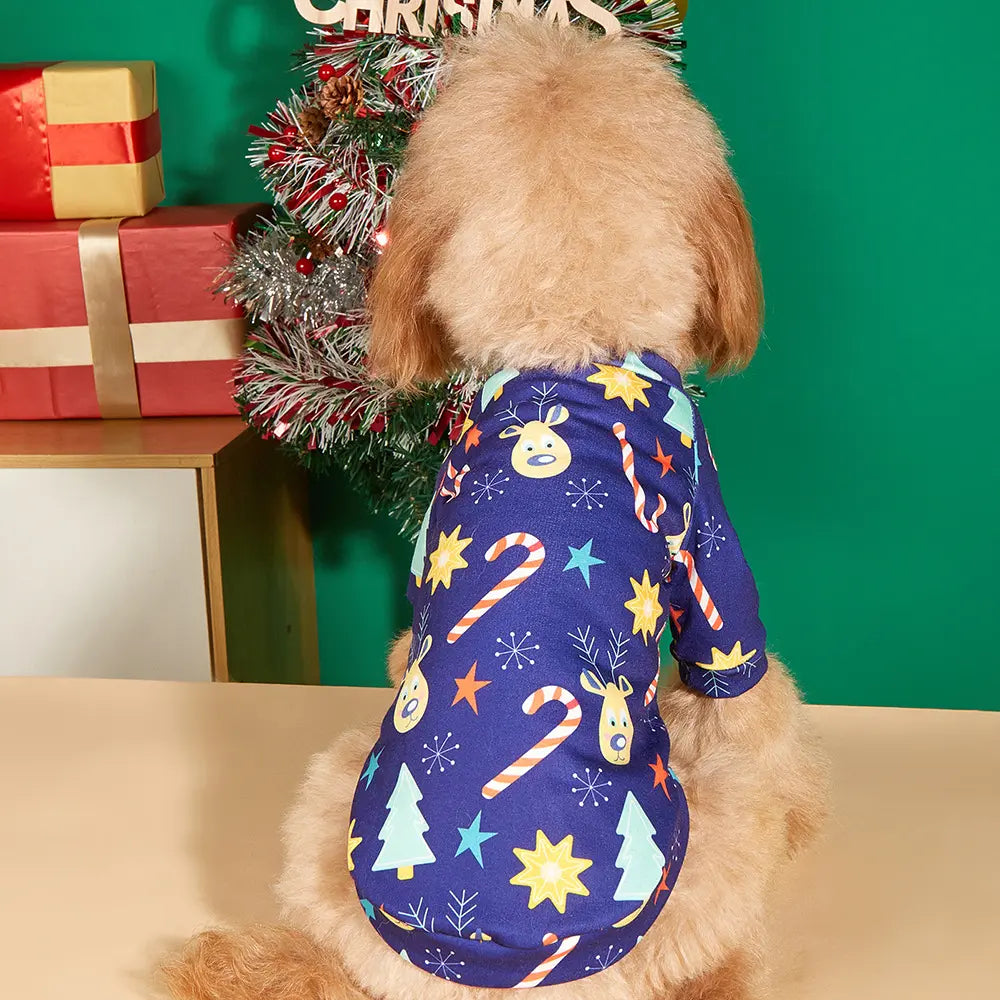 Christmas Dog Shirt - Navy Blue Holiday Pattern Cotton Pet T-Shirt with Candy Cane Tree Star Design for Small Medium Large Dogs & Cats