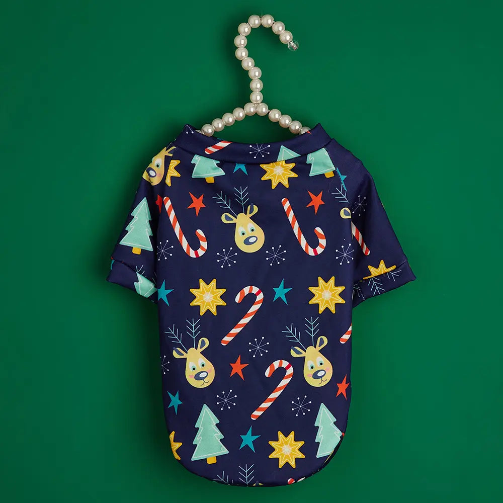 Christmas Dog Shirt - Navy Blue Holiday Pattern Cotton Pet T-Shirt with Candy Cane Tree Star Design for Small Medium Large Dogs & Cats