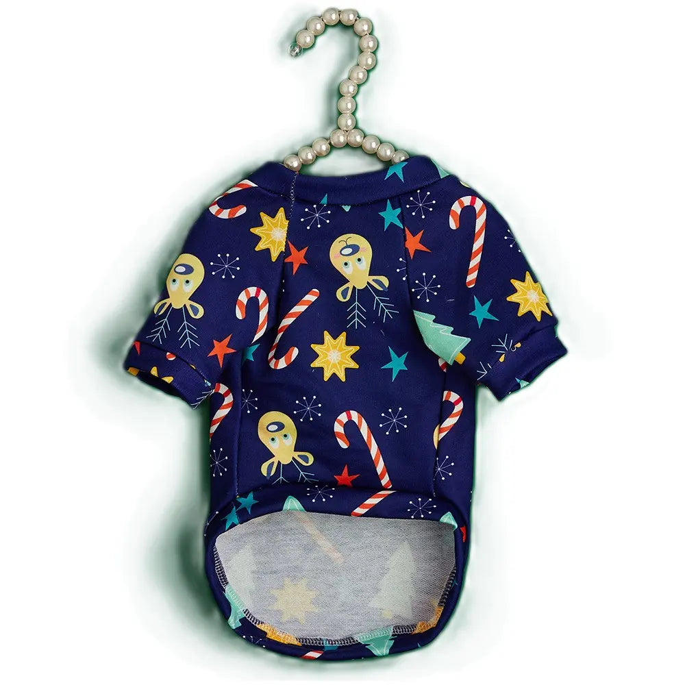 Christmas Dog Shirt - Navy Blue Holiday Pattern Cotton Pet T-Shirt with Candy Cane Tree Star Design for Small Medium Large Dogs & Cats