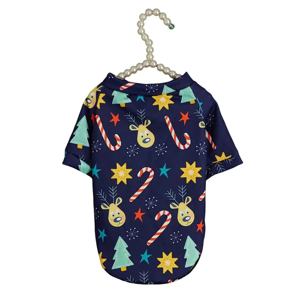 Christmas Dog Shirt - Navy Blue Holiday Pattern Cotton Pet T-Shirt with Candy Cane Tree Star Design for Small Medium Large Dogs & Cats