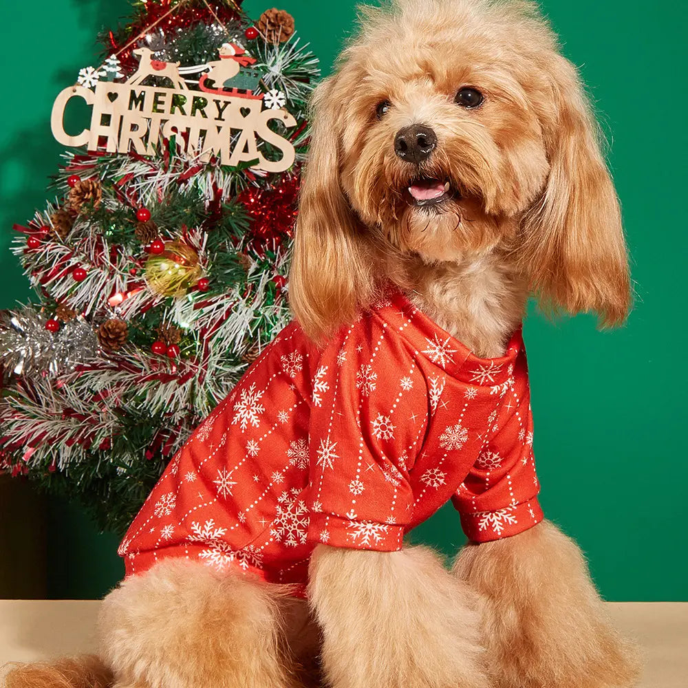 Christmas Dog Shirt - Red White Snowflake Garland Pattern Cotton Pet T-Shirt for Small Medium Large Dogs & Cats
