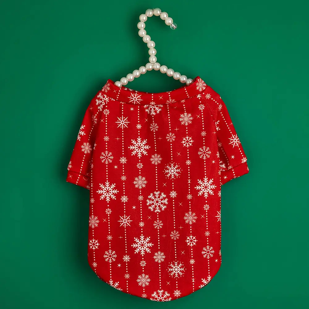 Christmas Dog Shirt - Red White Snowflake Garland Pattern Cotton Pet T-Shirt for Small Medium Large Dogs & Cats
