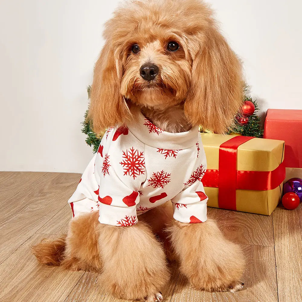 Christmas Dog Shirt - Red White Snowflake Stocking Pattern Cotton Pet T-Shirt for Small Medium Large Dogs & Cats