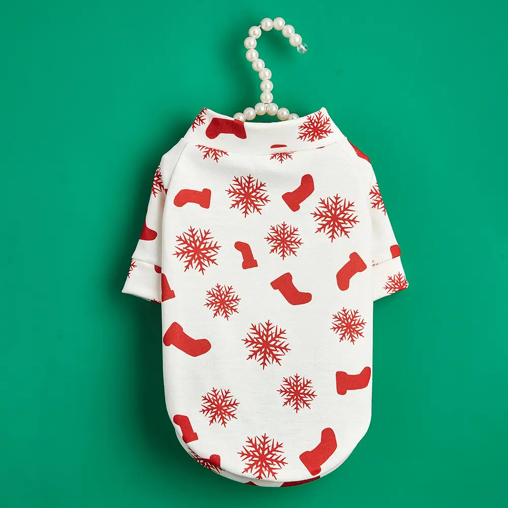 Christmas Dog Shirt - Red White Snowflake Stocking Pattern Cotton Pet T-Shirt for Small Medium Large Dogs & Cats