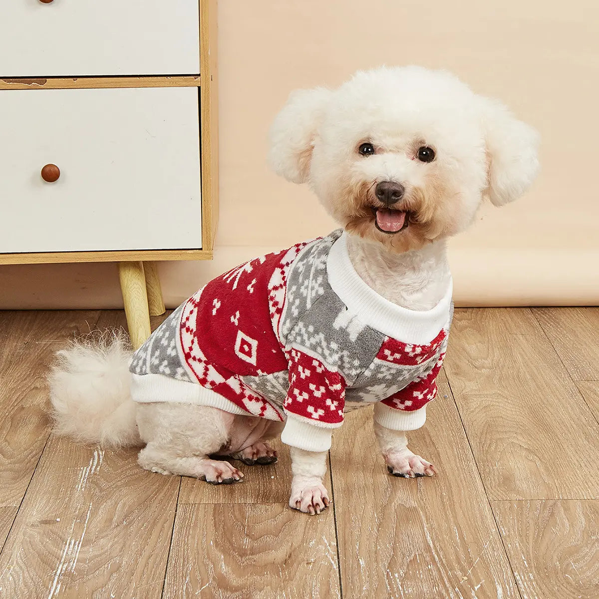 Christmas Dog Sweater - Gray Red White Fair Isle Pattern Fleece Pet Hoodie with Long Sleeves for Small Medium Large Dogs & Cats