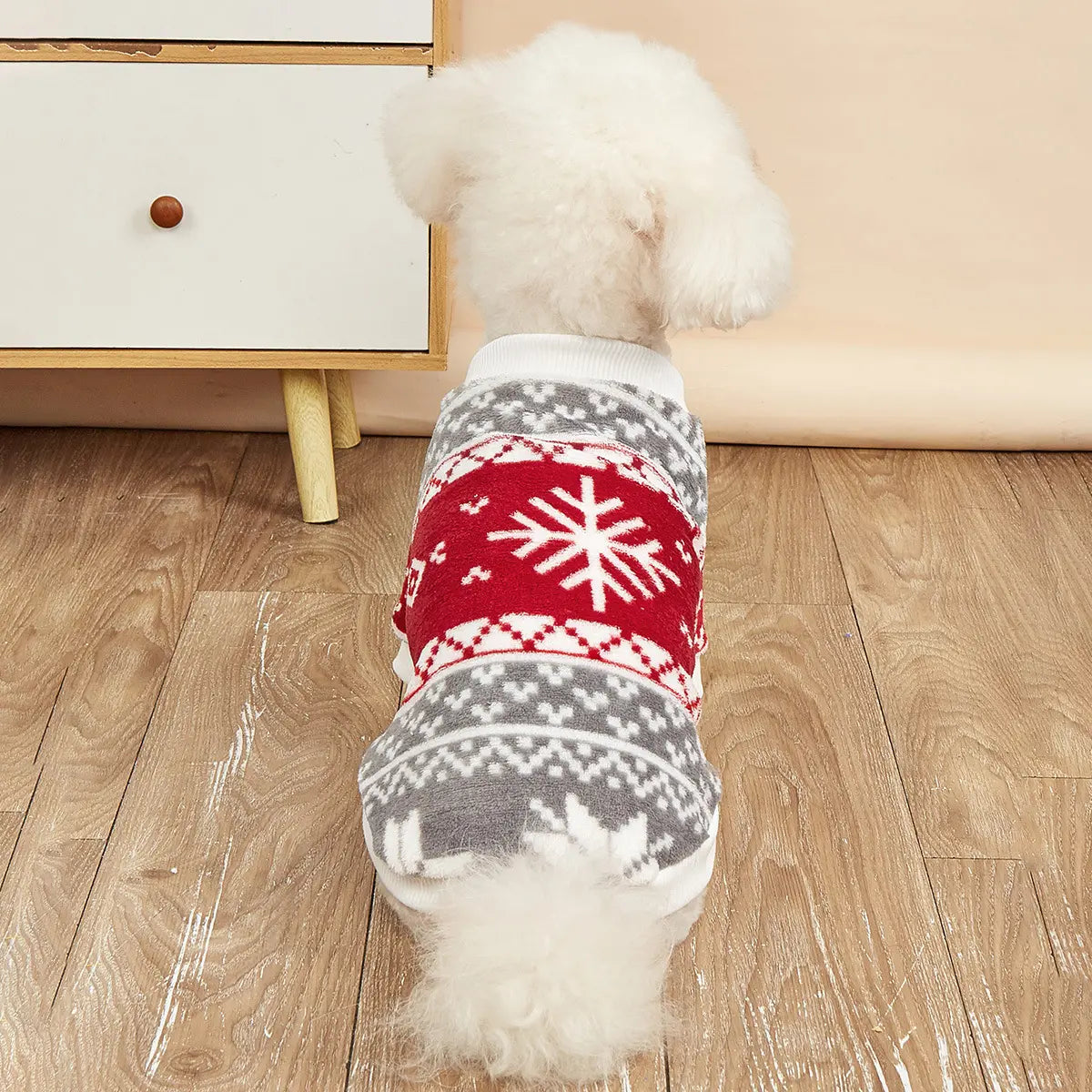 Christmas Dog Sweater - Gray Red White Fair Isle Pattern Fleece Pet Hoodie with Long Sleeves for Small Medium Large Dogs & Cats