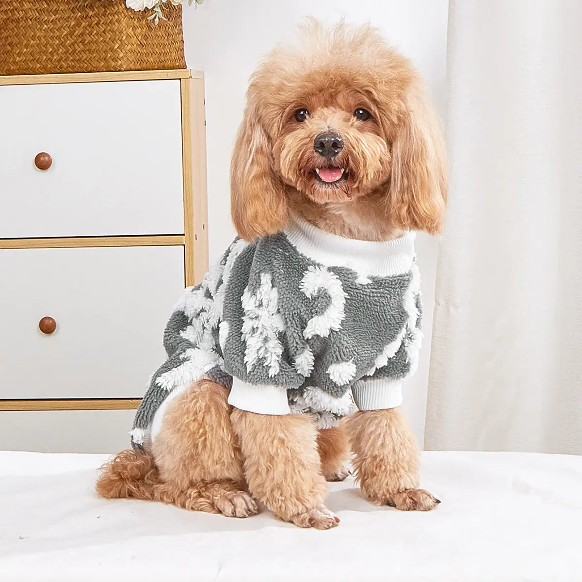 Christmas Dog Sweater - Gray White Bear Pattern Fleece Pet Hoodie with Breathable Mesh Belly for Small Medium Large Dogs & Cats