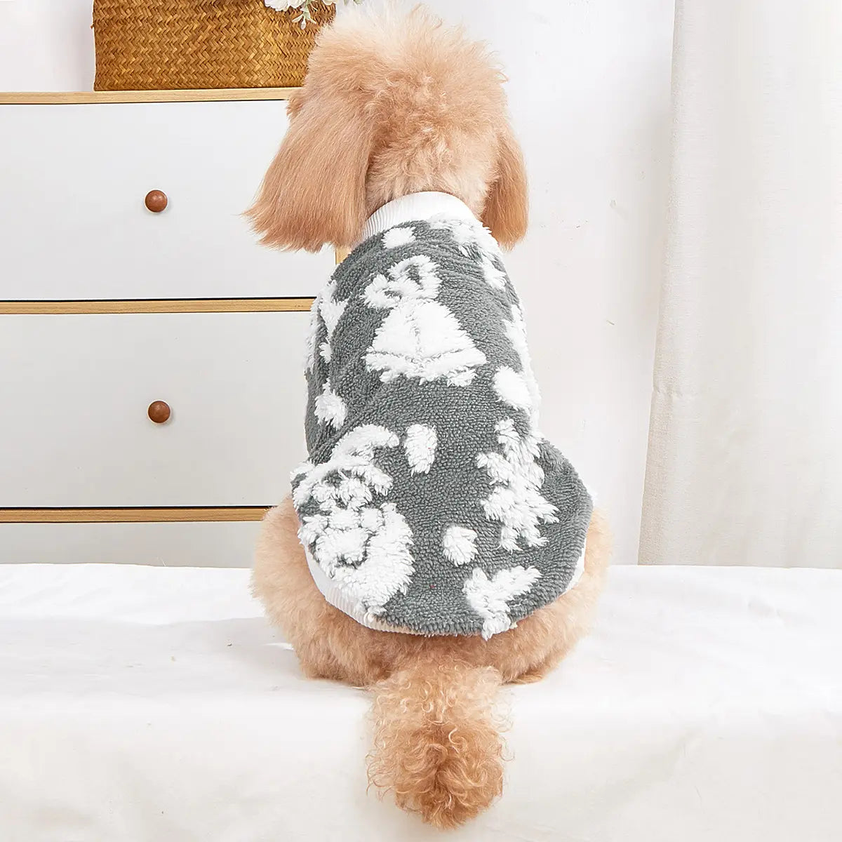 Christmas Dog Sweater - Gray White Bear Pattern Fleece Pet Hoodie with Breathable Mesh Belly for Small Medium Large Dogs & Cats
