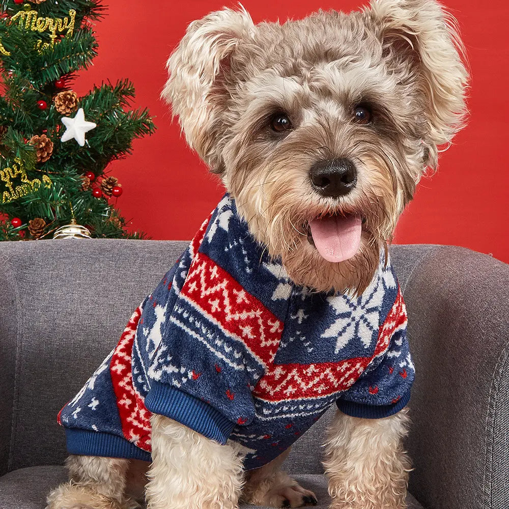 Christmas Dog Sweater - Navy Blue Reindeer Snowflake Knit Pet Hoodie for Small Medium Large Dogs & Cats