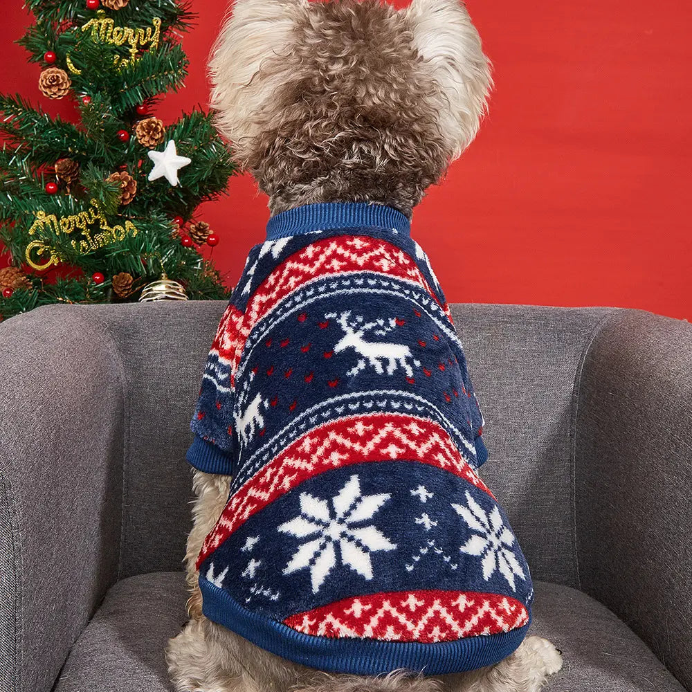 Christmas Dog Sweater - Navy Blue Reindeer Snowflake Knit Pet Hoodie for Small Medium Large Dogs & Cats