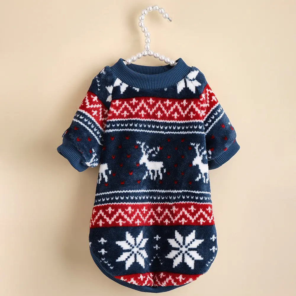 Christmas Dog Sweater - Navy Blue Reindeer Snowflake Knit Pet Hoodie for Small Medium Large Dogs & Cats