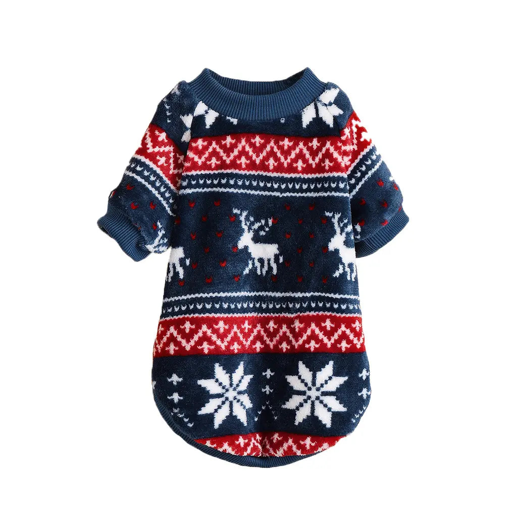 Christmas Dog Sweater - Navy Blue Reindeer Snowflake Knit Pet Hoodie for Small Medium Large Dogs & Cats