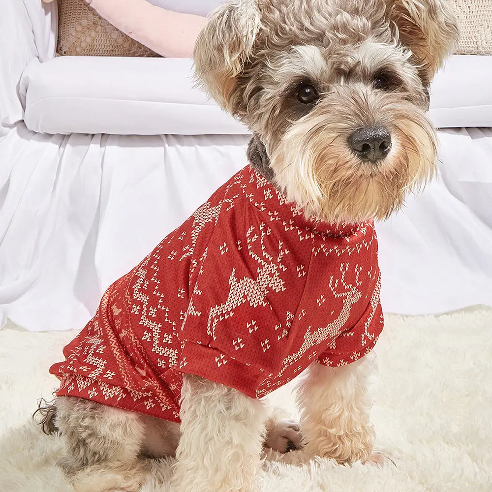 Christmas Dog Sweater - Red Reindeer Fair Isle Knit Pet Hoodie for Small Medium Large Dogs & Cats