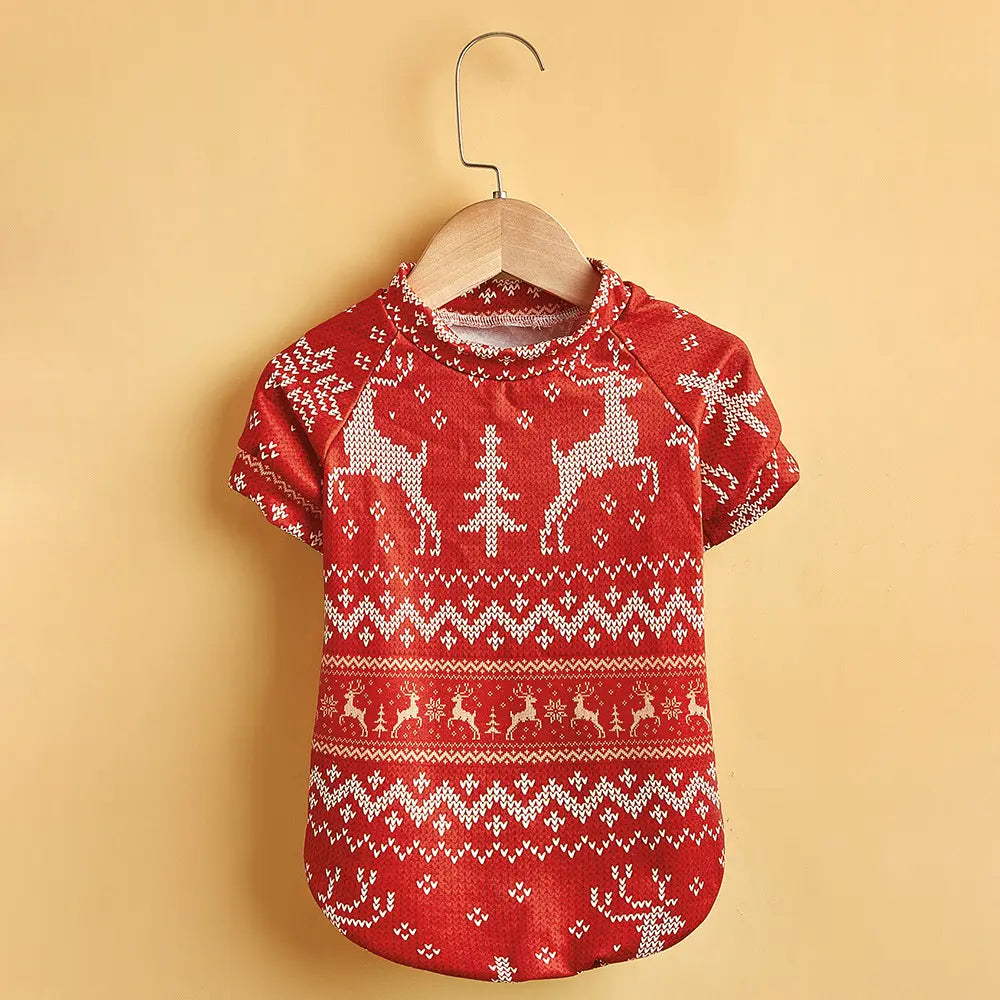 Christmas Dog Sweater - Red Reindeer Fair Isle Knit Pet Hoodie for Small Medium Large Dogs & Cats