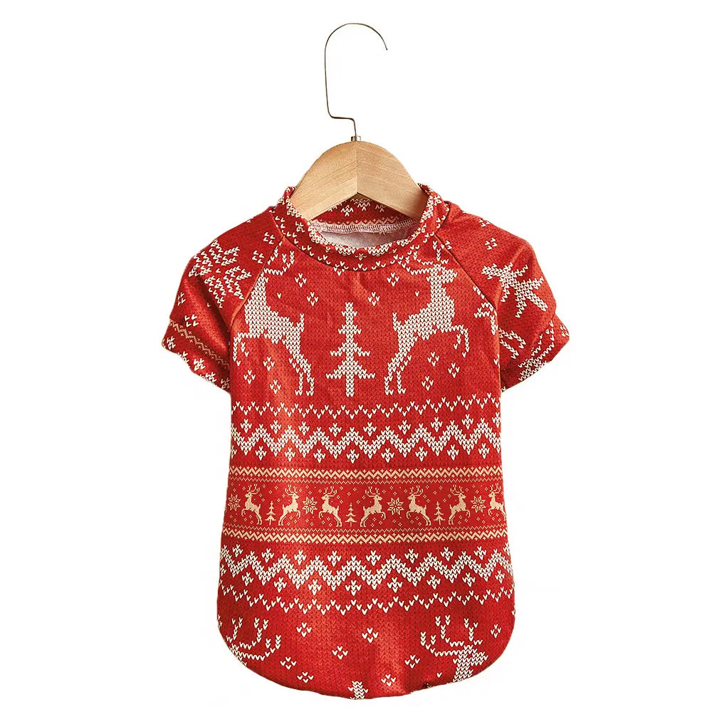 Christmas Dog Sweater - Red Reindeer Fair Isle Knit Pet Hoodie for Small Medium Large Dogs & Cats