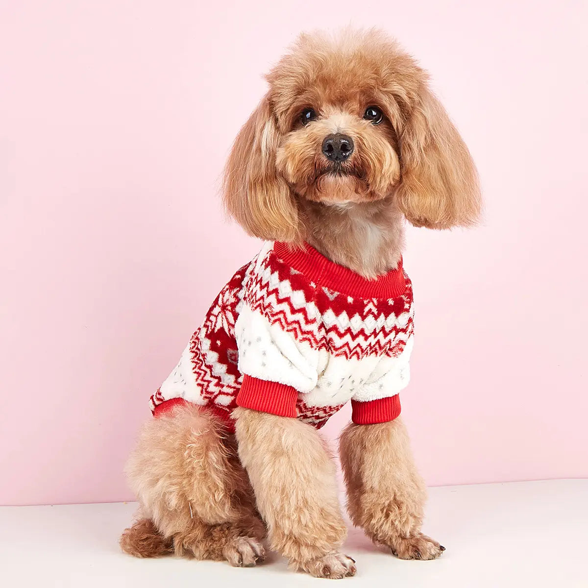 Christmas Dog Sweater - Red White Fair Isle Pattern Fleece Pet Hoodie for Small Medium Large Dogs & Cats