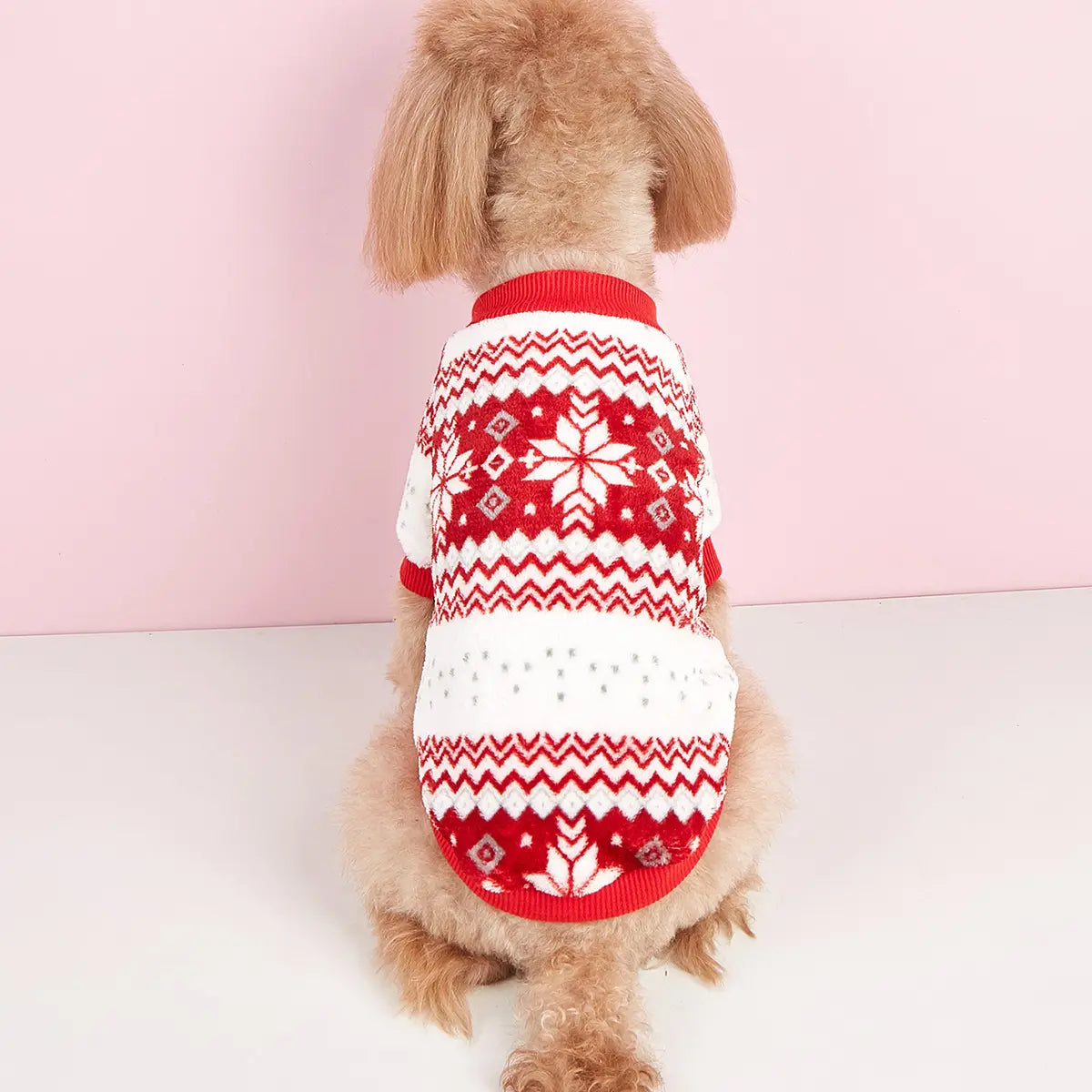 Christmas Dog Sweater - Red White Fair Isle Pattern Fleece Pet Hoodie for Small Medium Large Dogs & Cats