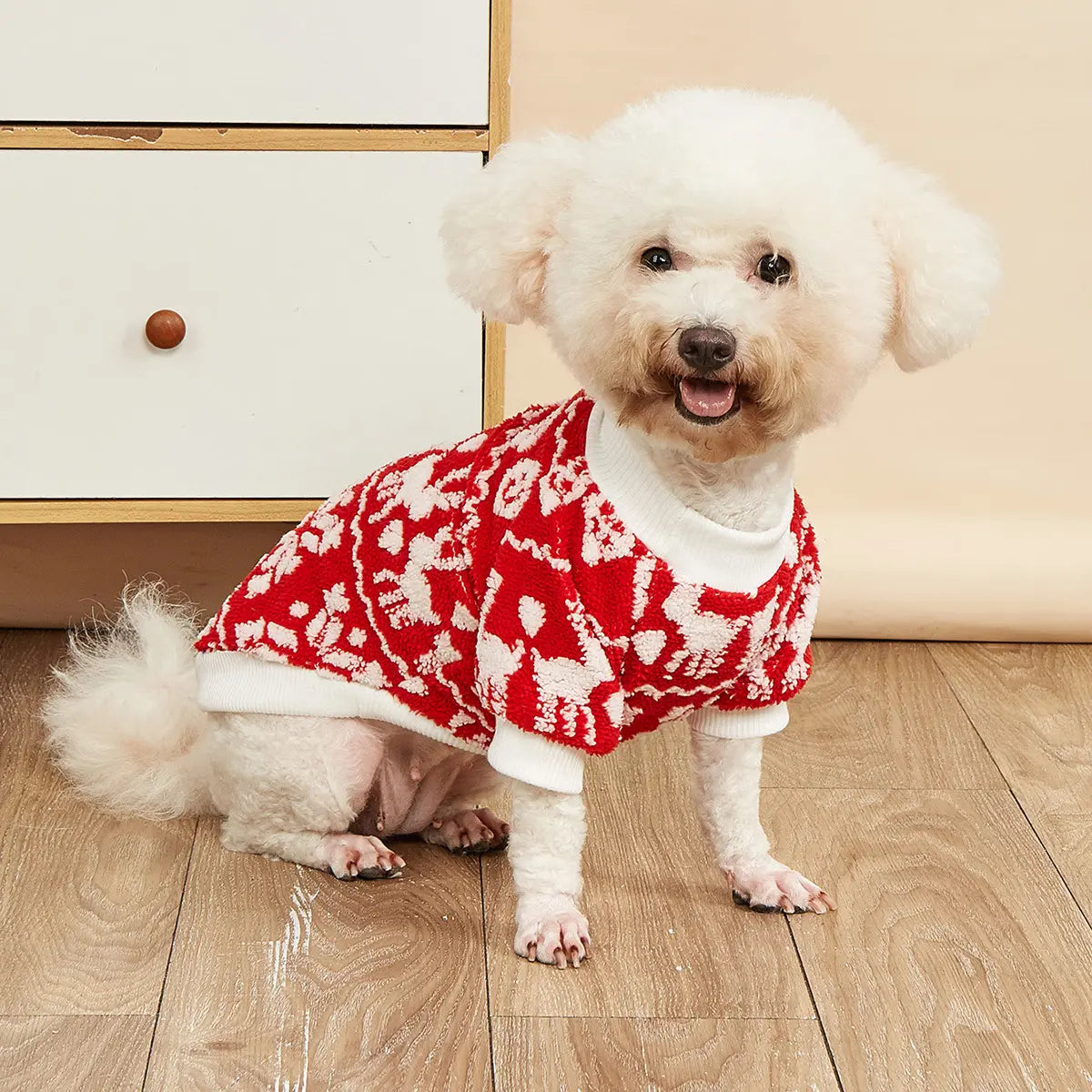 Christmas Dog Sweater - Red White Fleece Pet Hoodie with Breathable Mesh Belly for Small Medium Large Dogs & Cats