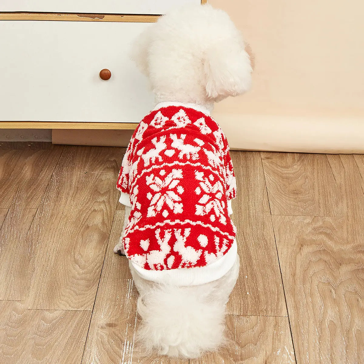 Christmas Dog Sweater - Red White Fleece Pet Hoodie with Breathable Mesh Belly for Small Medium Large Dogs & Cats