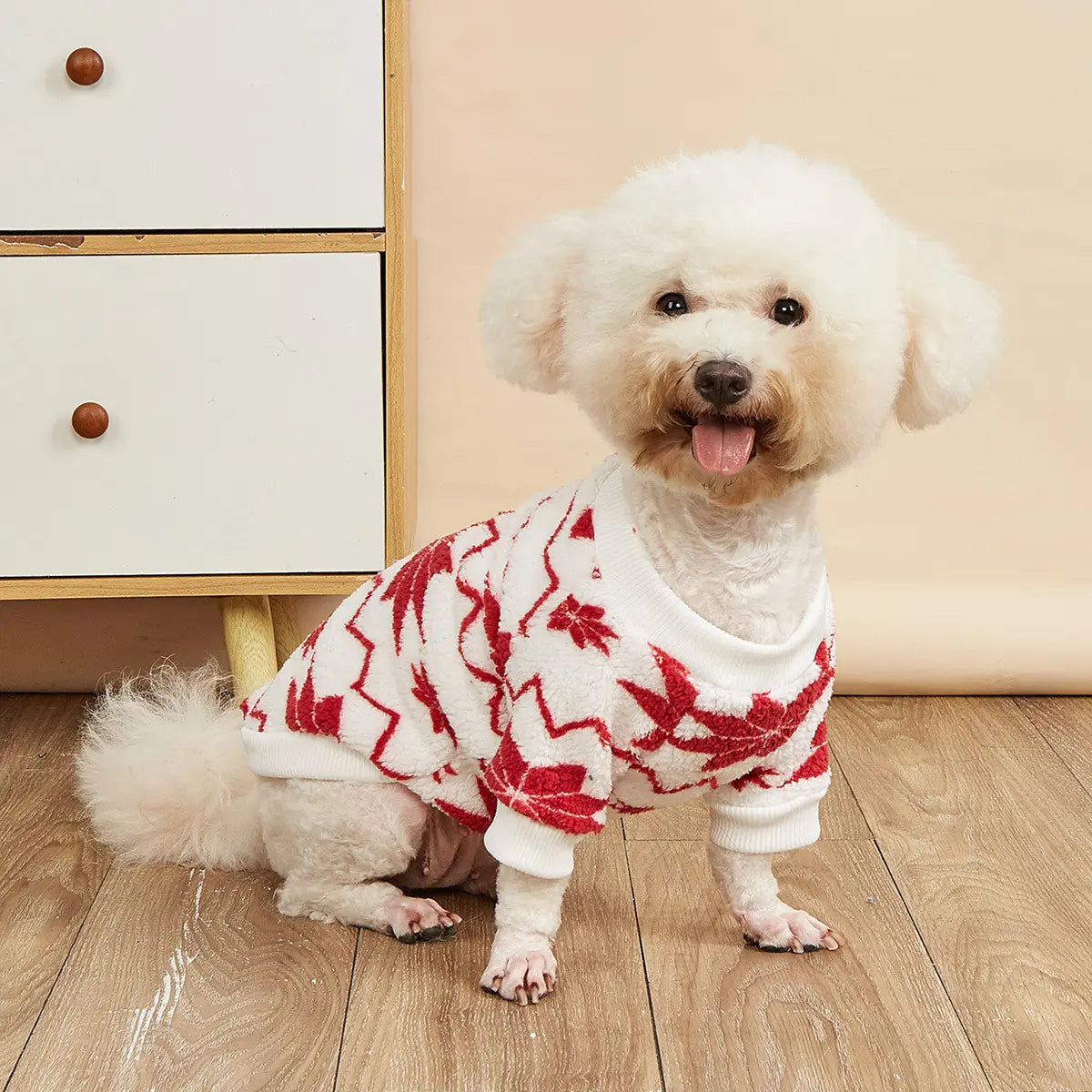 Christmas Dog Sweater - Red White Nordic Star Pattern Fleece Pet Hoodie for Small Medium Large Dogs & Cats