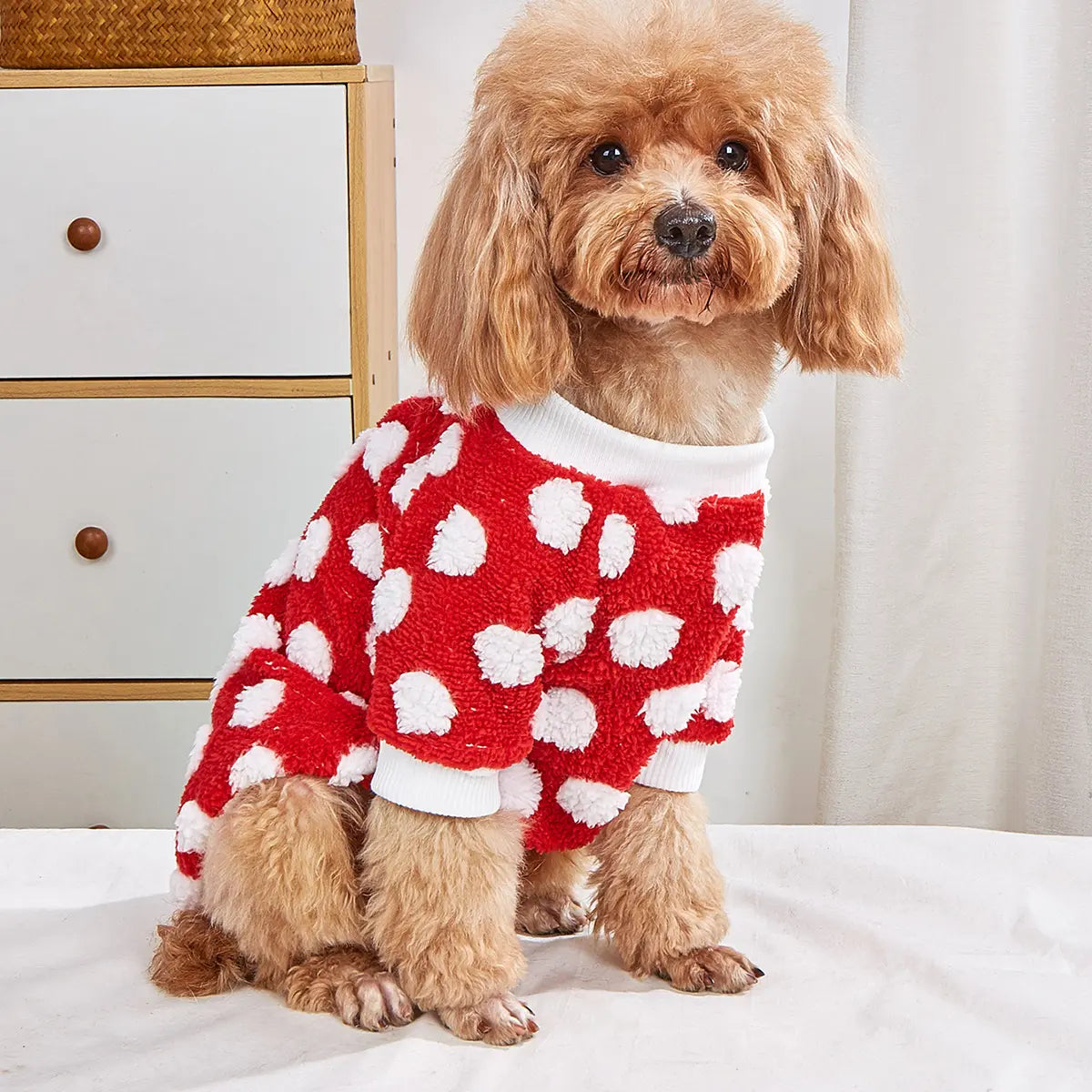 Christmas Dog Sweater - Red White Polka Dot Fleece Pet Hoodie with Breathable Mesh Belly for Small Medium Large Dogs & Cats