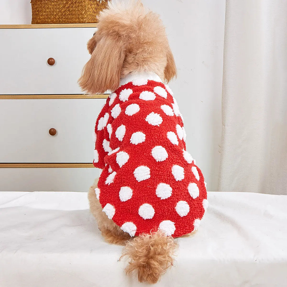 Christmas Dog Sweater - Red White Polka Dot Fleece Pet Hoodie with Breathable Mesh Belly for Small Medium Large Dogs & Cats